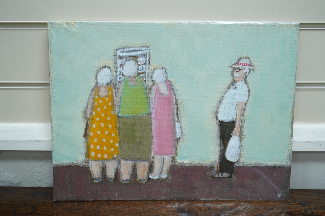 David George Fawcett ATD, FRSA (1935-1973), oil on board, Four figures, signed with monogram, 30 x 41cm, unframed. Condition - good